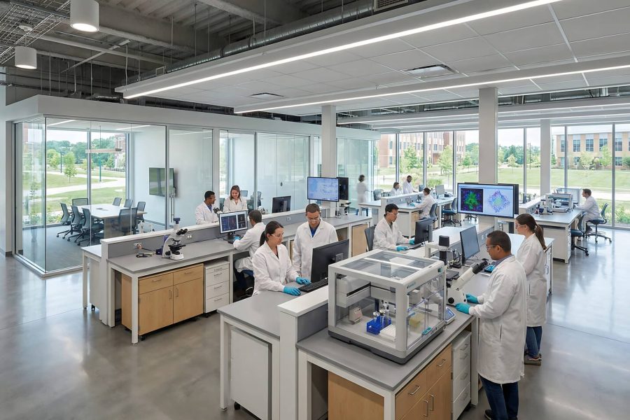 Modern open-plan science laboratory with researchers in white coats working at workstations, bright natural light, 4k, Generative AI.